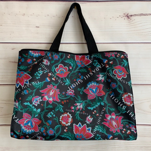 Tadashi Shoji Handbags - TADASHI SAHOJI Black Floral Zip Top Nylon Tote Bag